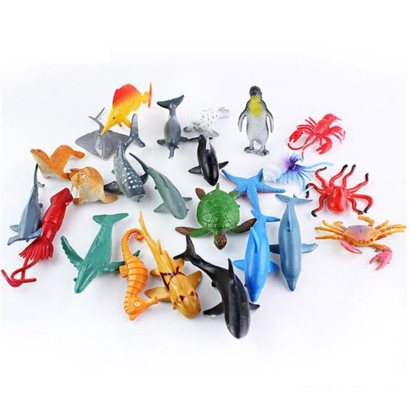 19 Pcs - Ocean Creatures Mini Sea Animal Kingdom Toy Set - Silicone Rubber Fish Action Figure Under Water Character World Wild Animals Jungle Zoo - Tiny Big Large Size For Kids Boys Girls Baby Toys