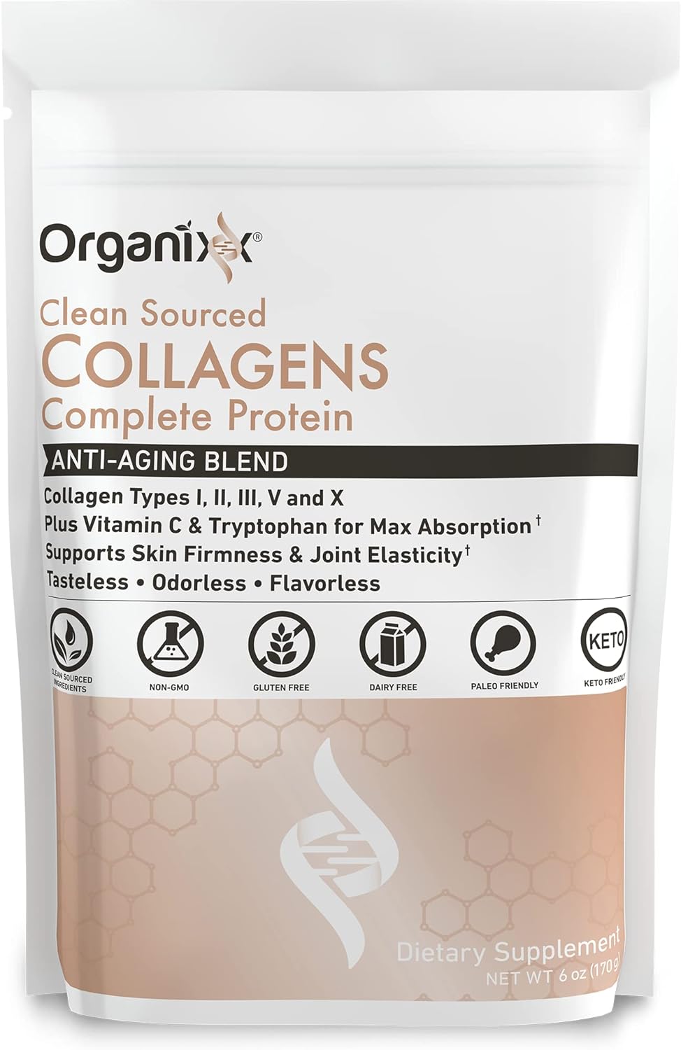Organixx Clean Sourced Collagen Powder, Hydrolyzed Protein Powder Collagen Peptides with Vitamin C, and Types I, II, III, V, X, For Skin, Joints, Hair and Nails, Aging Support, Unflavored, 20 Servings 170gm