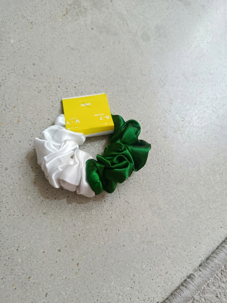 White & Green Scrunchies 14 August Flash Sale — Pakistan Independence Day Hair Scrunchy Set | Patriotic Hair Ties for Girls & Women | Silk/Satin Ponytail Holders | 14th August Special