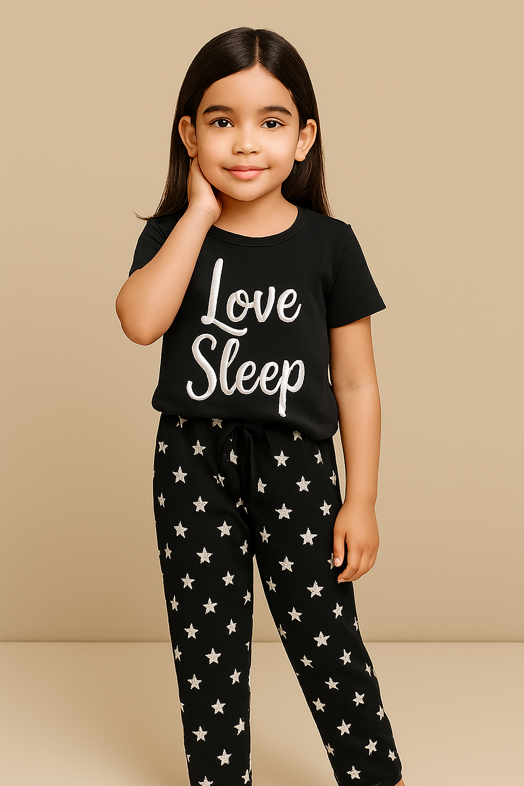 Kids Night Dress – Dark Grey Heart Print Cotton Jersey Sleepwear (Sizes 5 to 14 Years) Stylish Heart Print Nightwear – Soft Cotton Pajama Set