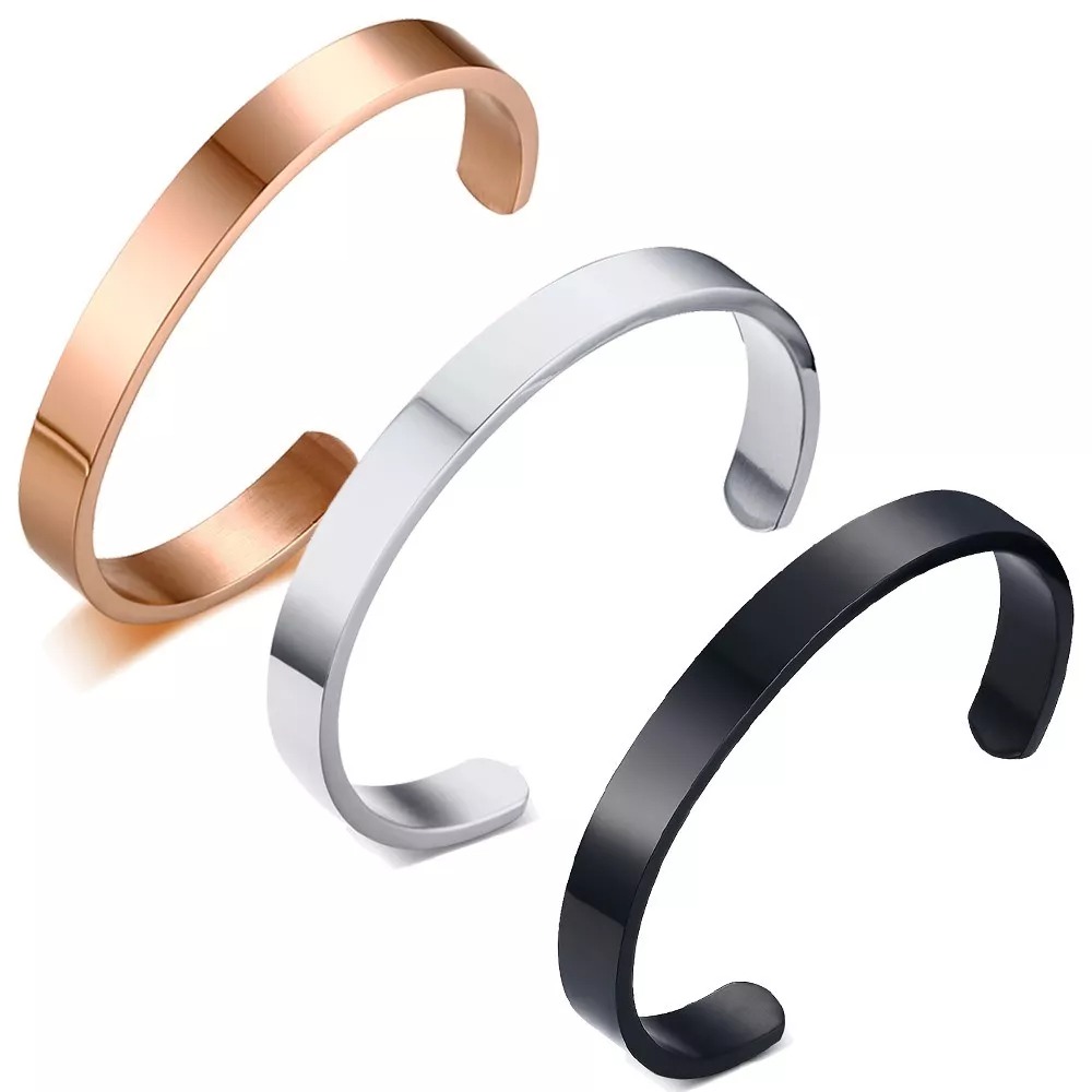 Stainless Steel 7" Half Cut Cuff Bangle Bracelet Available in Black Silver and Golden
