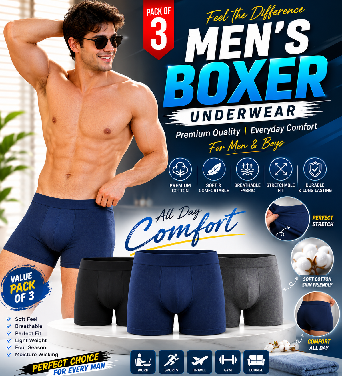 Pack of 3 Men's Premium Cotton Boxers | Soft Stretchable Comfortable Breathable Underwear for Men & Boys