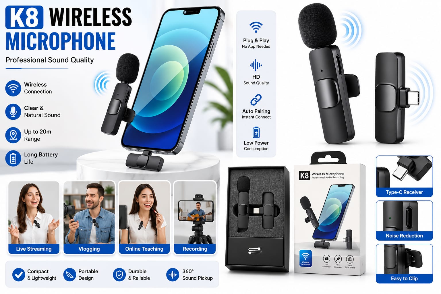 K8 Wireless Lavalier Microphone Type-C | Mini Clip-On Mic for Android Mobile | Noise Reduction | Vlogging, YouTube, TikTok, Interviews & Live Streaming