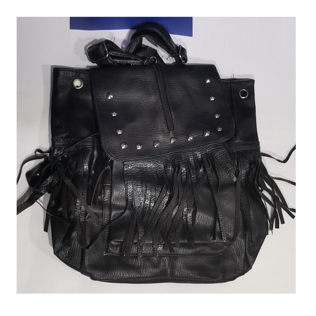 Stylish Black Faux Leather Backpack For Women - Textured Leather Bag Drawstring Daypack Medium