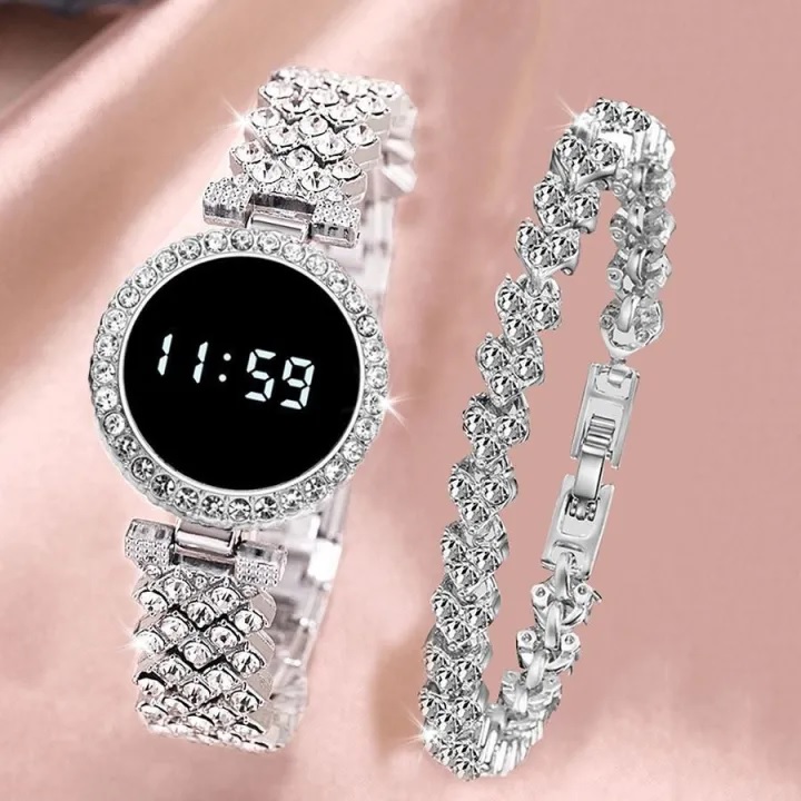 Diamond Touch Screen LED Watch for Ladies –Jewellery For Girls Style in Stainless Steel Chain Digital Wristwatch for Women's – Stylish Fashion Watch For Girls With Bracelet in Silver Stone Round & Square Dial Shape For Gift price in Pakistan
