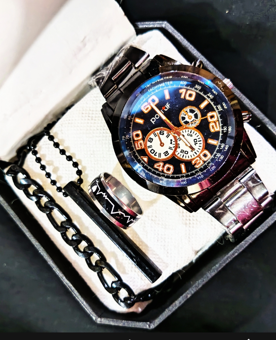 Watch For Men Watch Set For Men Summer Stainless Steel Casual Business Black Pack of 4 Watch + Bracelet + Ring + Bar Locket Fashion Gift Set