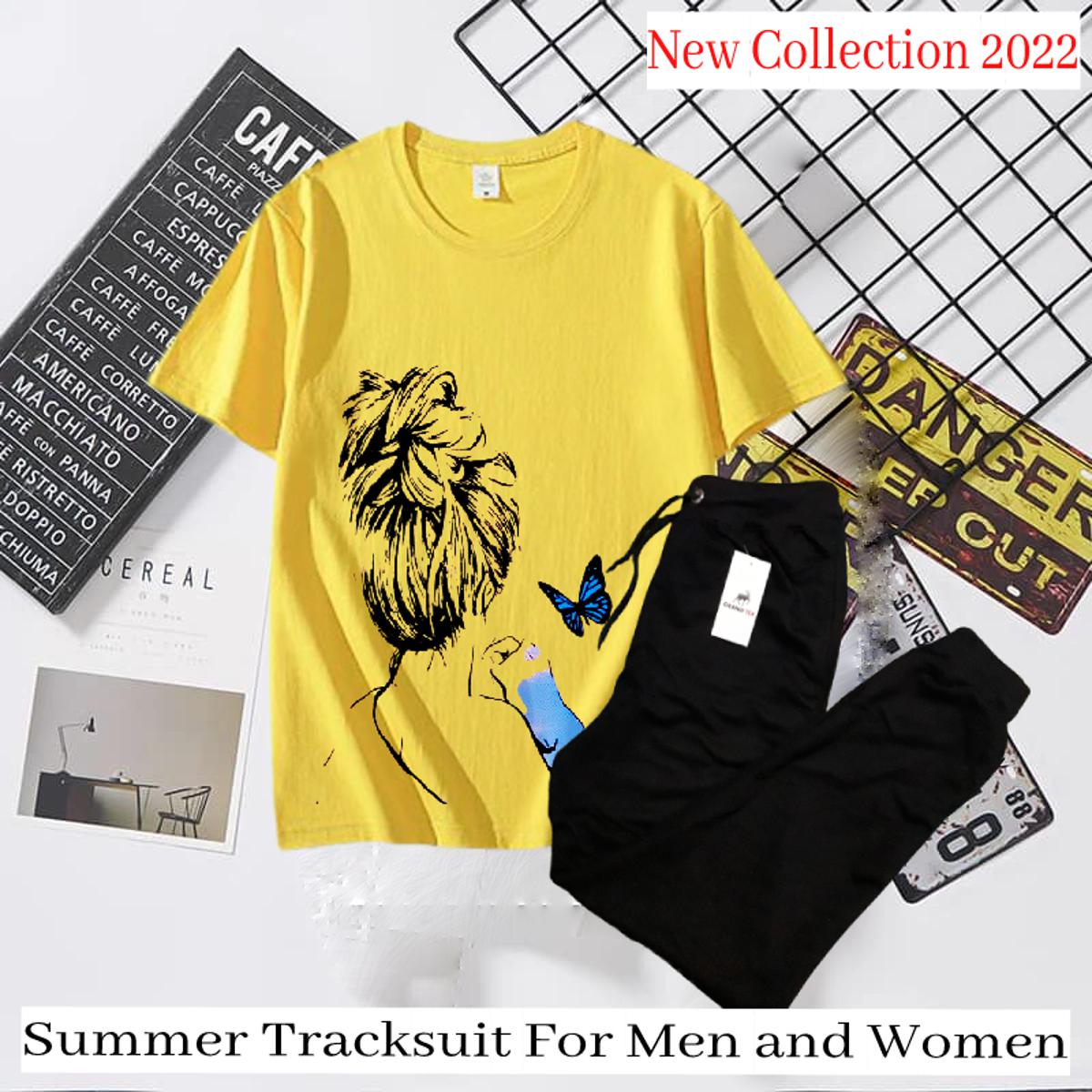 Trendy GIRL WITH BUTTERFLY Tag Printed Summer Tracksuit For Women & Girls Tee-shirt with trousers New Design Round Neck Half Sleeves T Shirts Top Quality Gym Wear/Casual and comfortable Pair T-Shirt and Trouser