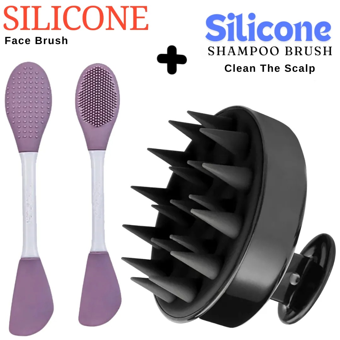 2 IN 1 Silicone Shampoo Brush Clean The Scalp & Silicone Double Head Mask Brush, Silicone Face Wash Brush, Mud Film Special Scraper Applicator, Facial Cleansing Brush, Cleaning Tool (MULTICOLOUR)