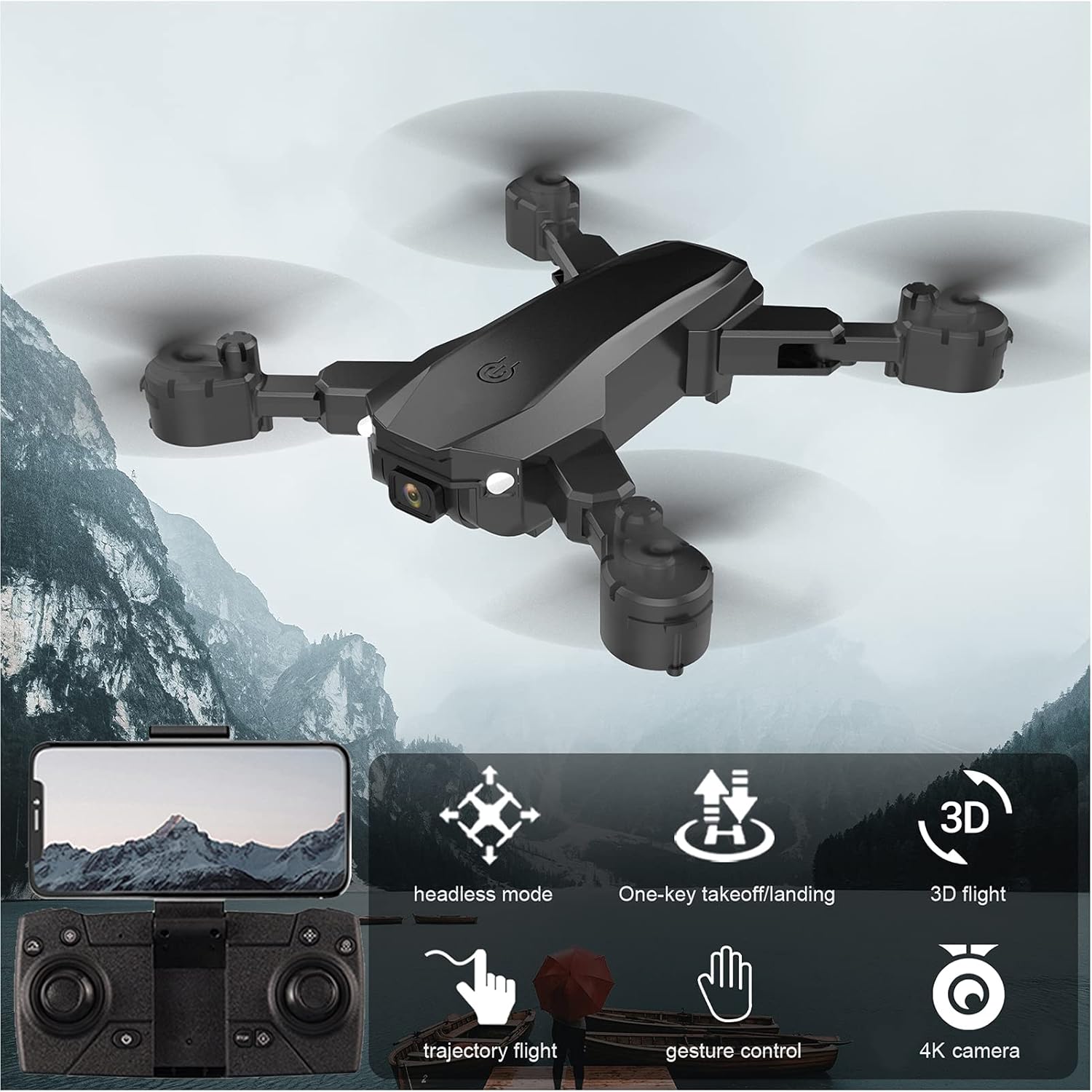 DM99 Drone with Dual Camera, 4K UHD Camera DM99 Drone, RC Quadcopter with 3D Flips, Trajectory Flight, Headless Mode, Altitude Hold, One Key Take Off/Landing, Bag and 2 Batteries