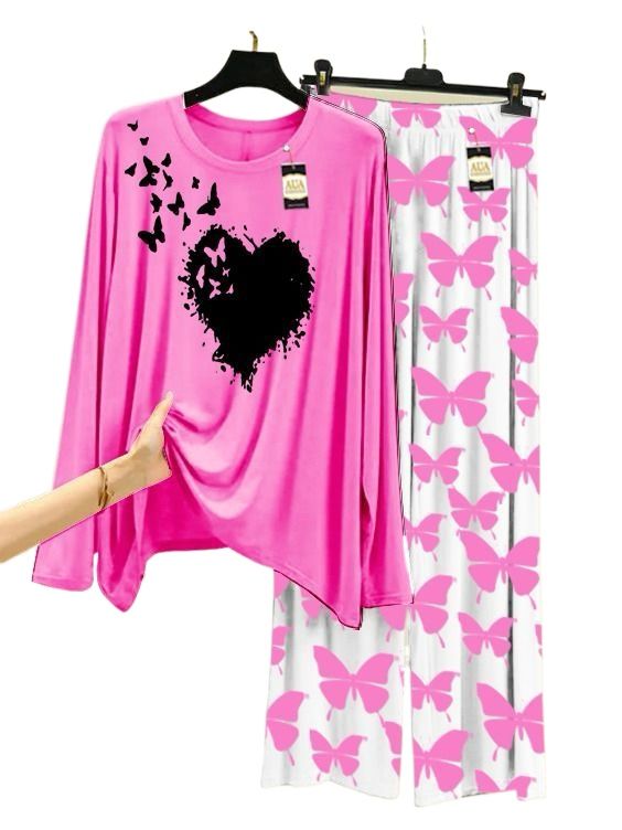 Dark Pink New Buttterfly Heart Printed Nig1htwear Set with Butterfly Printed Trousers – Women's Lounge Wear By A2Z Garments
