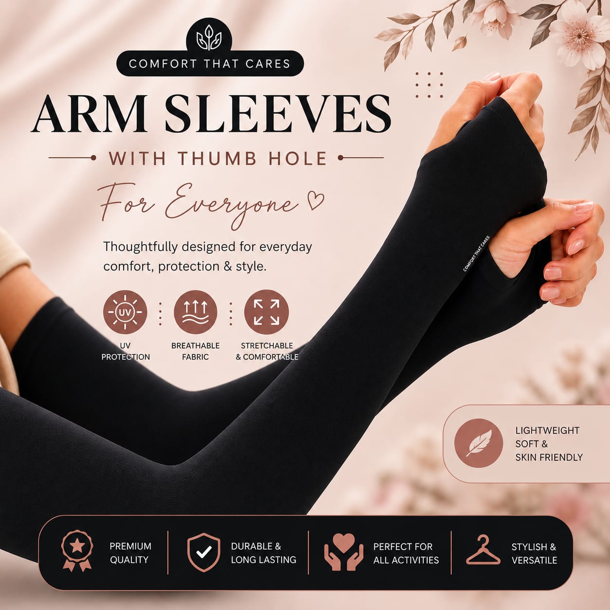 Arm Sleeves With Thumb Whole Free Size for Sun Block Anti Slip Summer Outdoor Riding Sunlight | Arm Sleeves | Thumb Sleeves | Sleeves for Girls | Sleeves for Boys Sports UV Sunscreen Protection Running Cycling Driving Sleeves