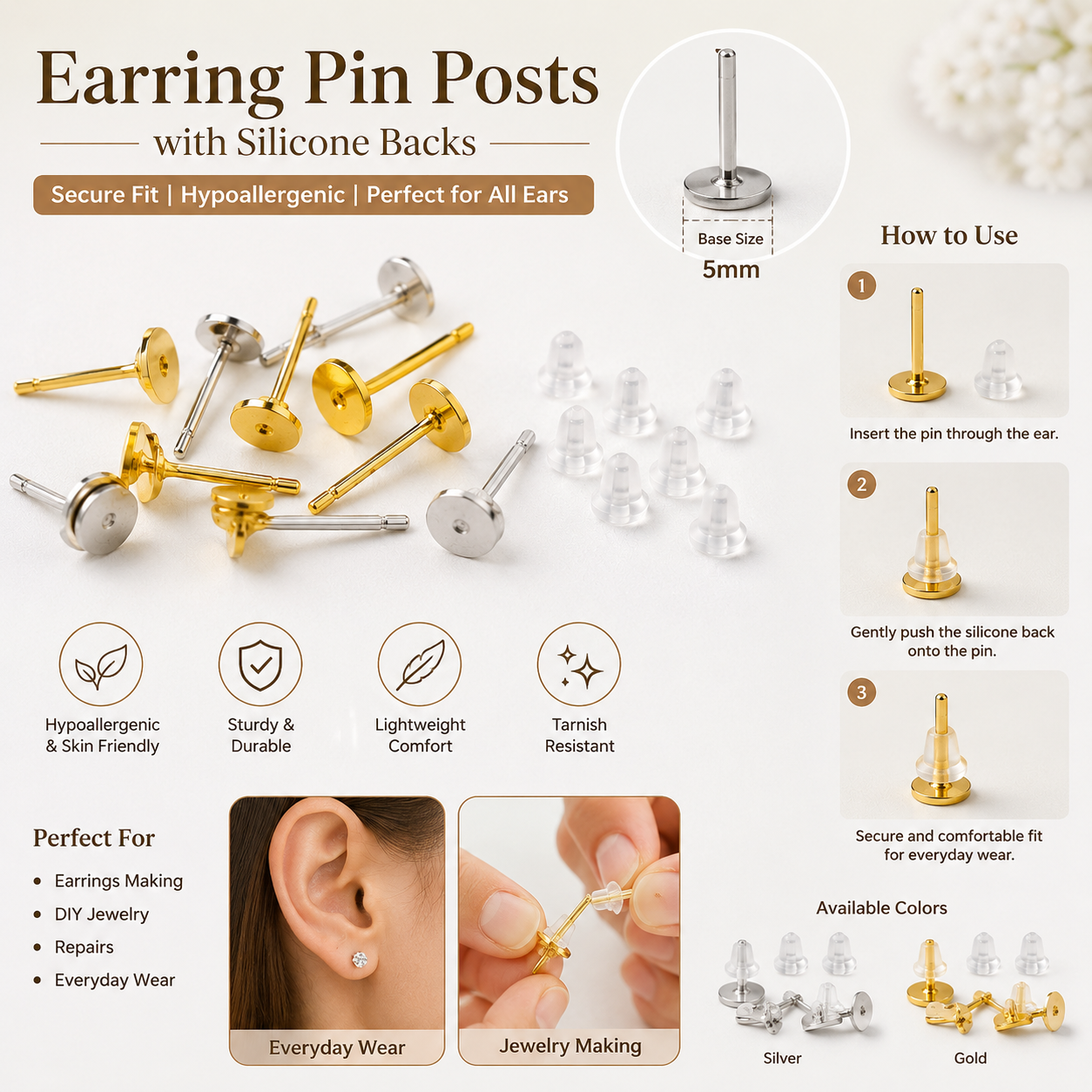 5mm Flat Pad Earring Posts with Silicone Backs | Gold & Silver Ear Stud Pins for DIY Jewelry Making | Hypoallergenic Earring Findings