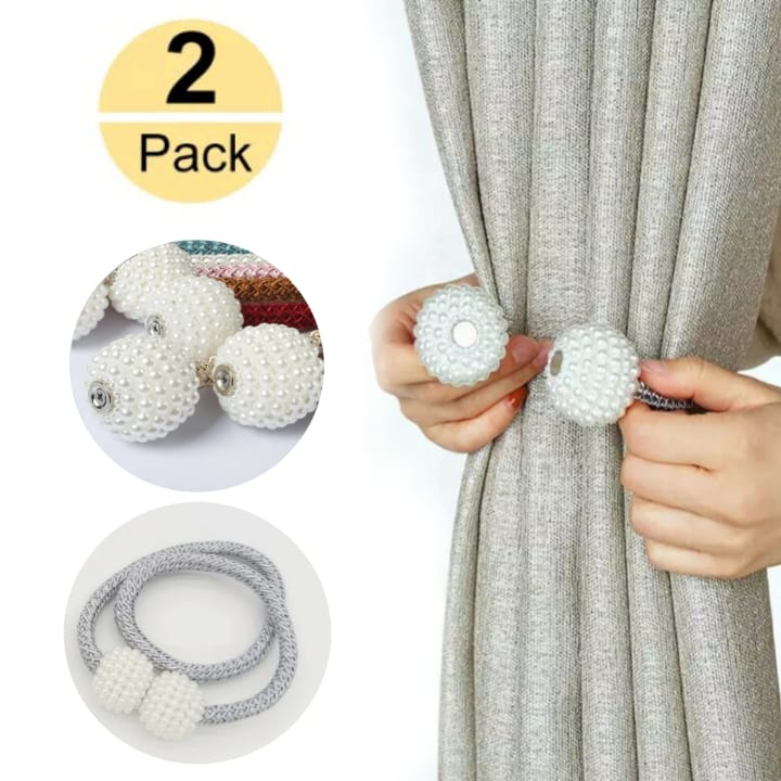 2 PCS Magnetic Pearl Curtain Buckle Magnetic Curtain Tiebacks Convenient Drape Tie European Style Decorative Weave Rope Curtain Rings & Buckles Holder for Window Sheer Blackout Draperies, Braided Straps Ball Buckles,  Parday