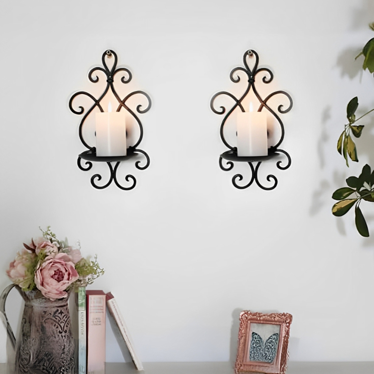 Wooden Wall Candle Sconce Holder Set of 2, 8x6 Inches, Black Hanging Wall Decor for Bedroom and Dining Room, Wooden Candle Holders (Light Not Included)