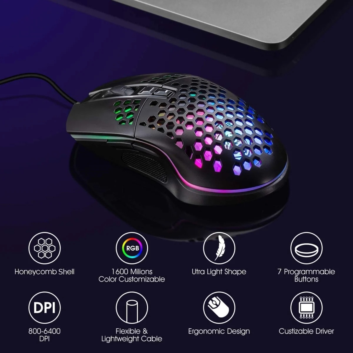 ➤ BENGOO - RGB Honeycomb Gaming Mouse USB Wired 6400 DPI | Ultra Lightweight 7 Programmable Buttons Optical Mouse | Software Macro Driver 16.8M Color Backlit Mesh Gaming Mouse for PC Laptop Desktop Gaming Streamers – Unique Mall