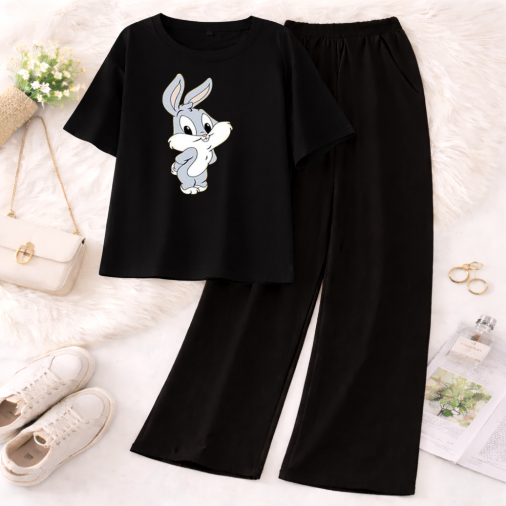 ZRK Garments -  2 Piece Set For Women Cute Bunny Printed Half Sleeves T Shirt with Trouser Soft Jersey Fabric Casual Daily Wear For Girls and Kids