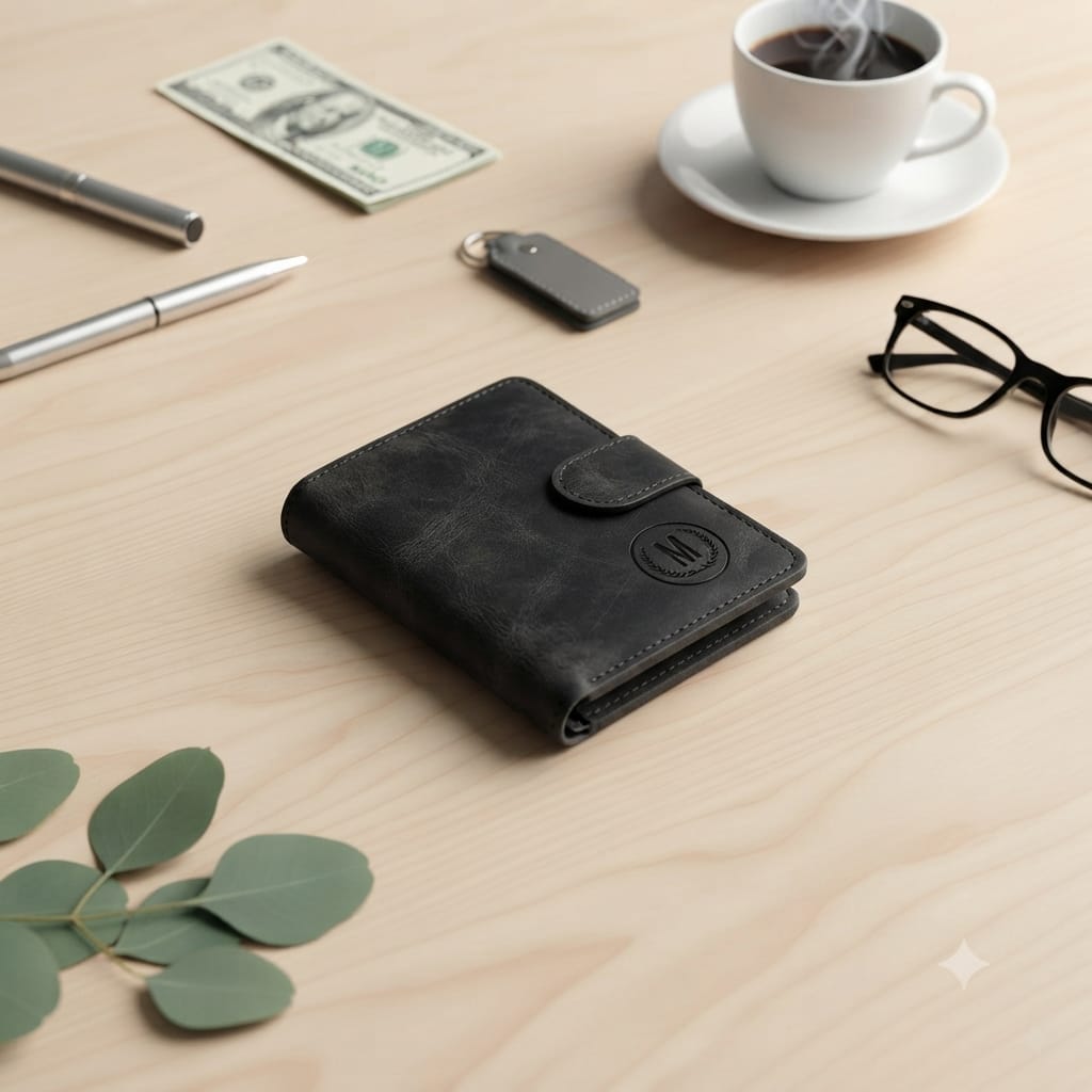GU-II Men’s Leather Wallet with Button Slim Short Vertical Purse Retro Card Holder for Boys