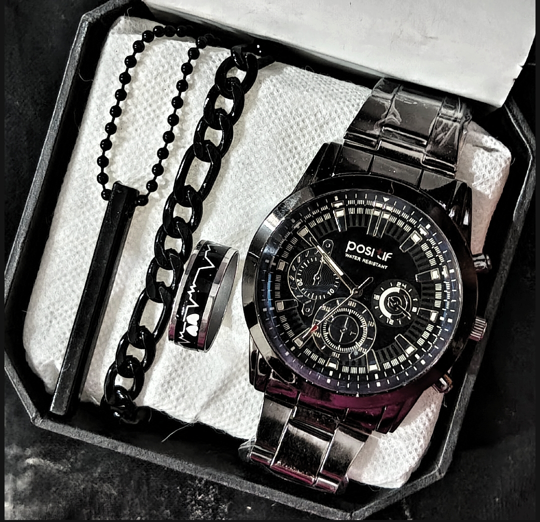 Pack of 4 Watch Set for Men Stainless Steel Fashion Watch, Bracelet, Ring and Locket Casual Business Style Black