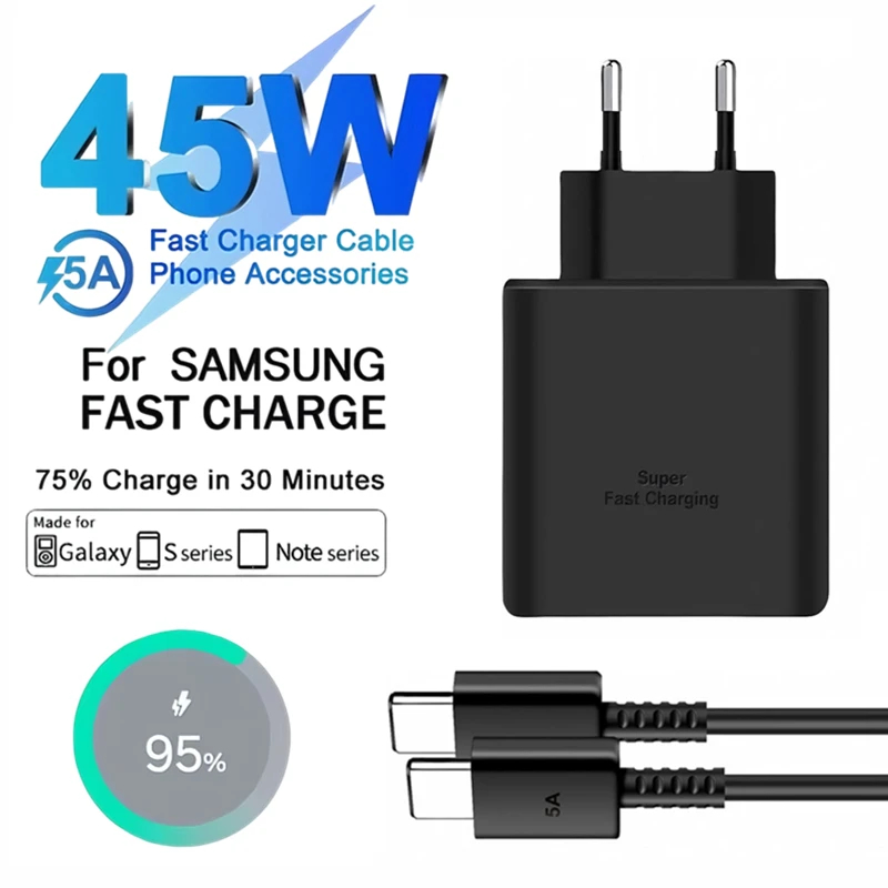 100% Original Samsung 45W 2.0 Super Fast Charger with Type C to Type C Cable (Global Certified Charger) Pd Charger For all Mobile Phone S24+, S8 Ultra, Note20 Ultra,S24 Ultra, Note10 Plus, S22 ultra Galaxy S10 / S10E / S10+