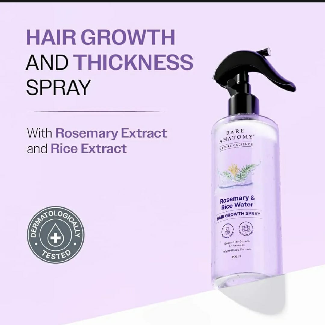 Bare Anatomy Nature X Science Rosemary Water Spray For Hair Growth & Hair Thickness With Rice Water |100% Natural Extract | Soft & Smooth Hair| Controls Hairfall| Non-Greasy & Fast Absorbing | 200ml