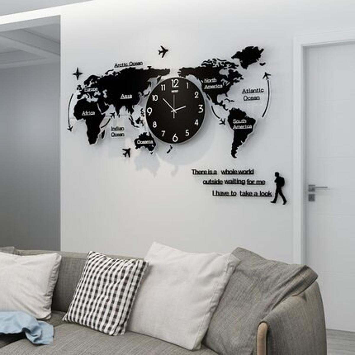 World Map Wall Clock - Wooden Wall Clock Large Modern Design 3D Stickers Hanging Clock Decorative Watch Home Silent Wall Clocks
