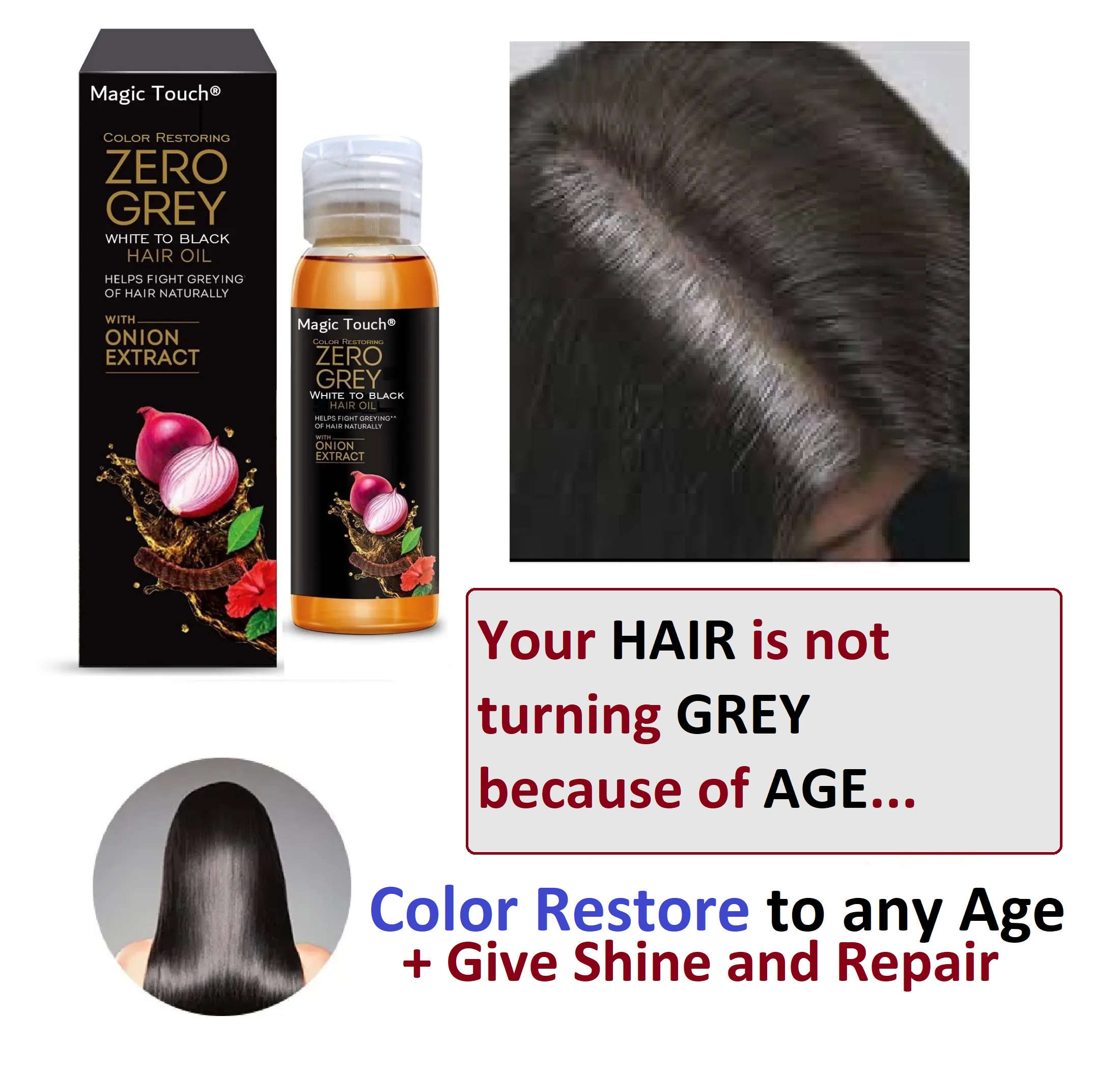 Magic Touch Zero Grey Hair Oil 120ml | White to Black Natural Color Restoring| Anti Grey Hair Serum for Hair & Beard| Men & Women