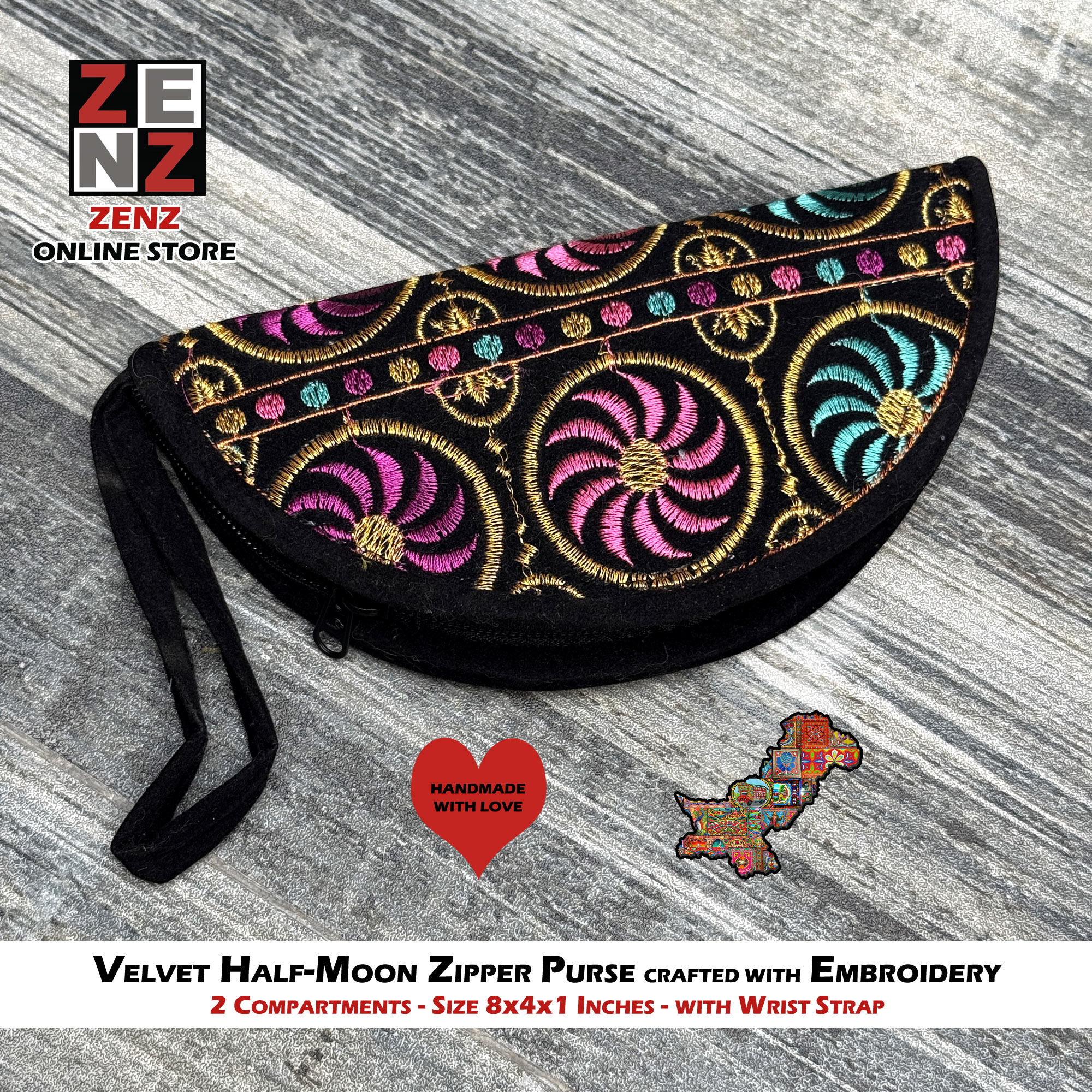 Half Moon Shaped Handmade Black Embroidered Velvet Clutch Purse Size 8x4 Inches crafted with Multicolour Embroidery by ZENZ Pakistani Traditional Vintage Fashion Wear