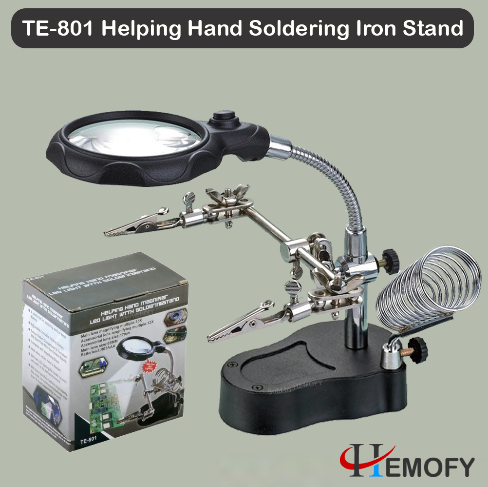 TE801 Helping Hand Soldering Stand 4x 12x magnifying glass with 2 LED