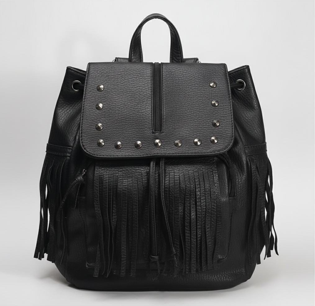 Stylish Black Faux Leather Backpack For Women - Textured Leather Bag Drawstring Daypack Medium