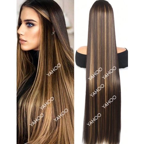 Clip In Hair Extensions 30 Inches Extra long Straight Brown Mixed Blonde Fake Hairpiece 5 Clips Synthetic Hair Extensions For Women Daily Use