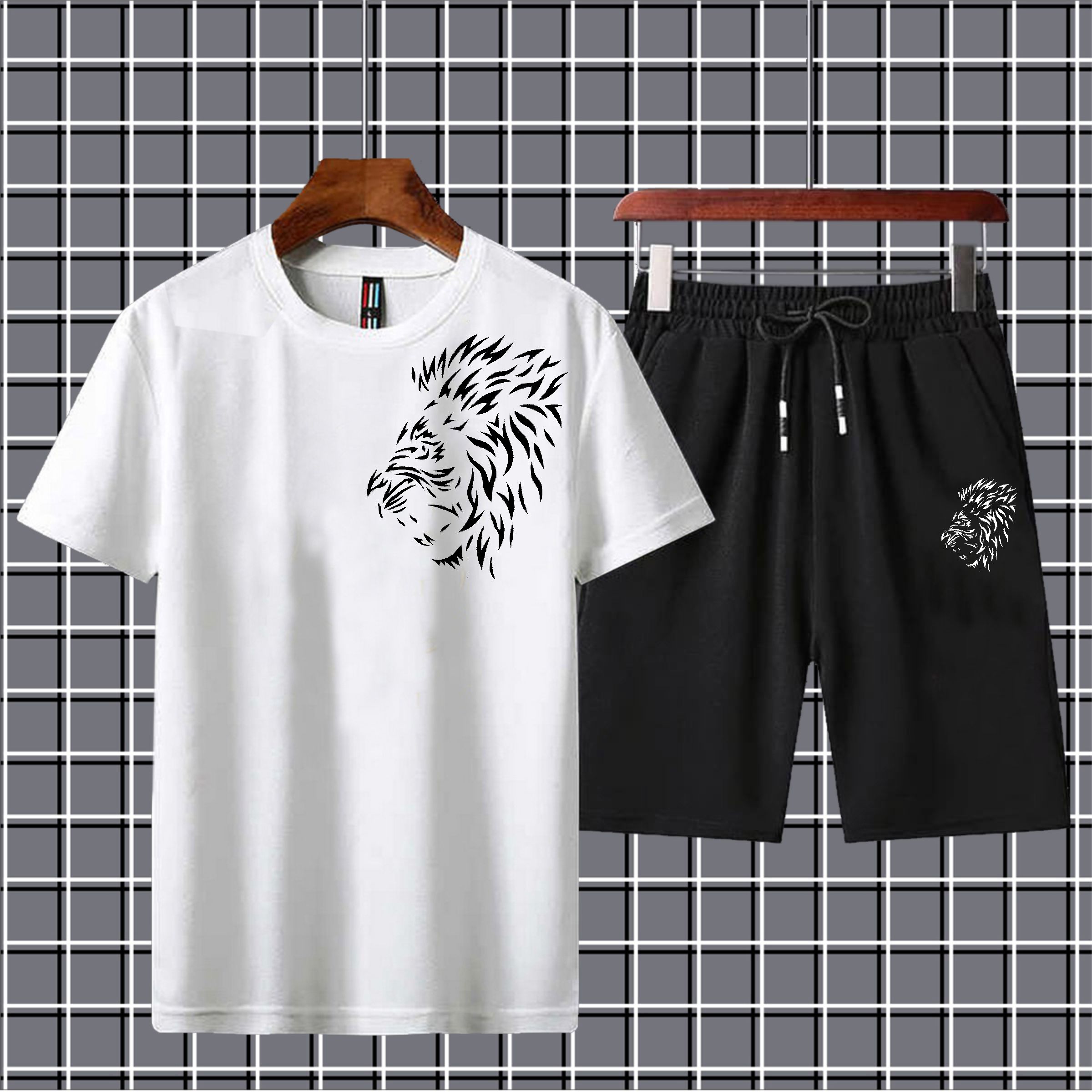Black side lion face printed summer shorts tracksuit  Round Neck T Shirt For Mens and Gym wear shorts tracksuit For Mens Summer Printed Tracksuit