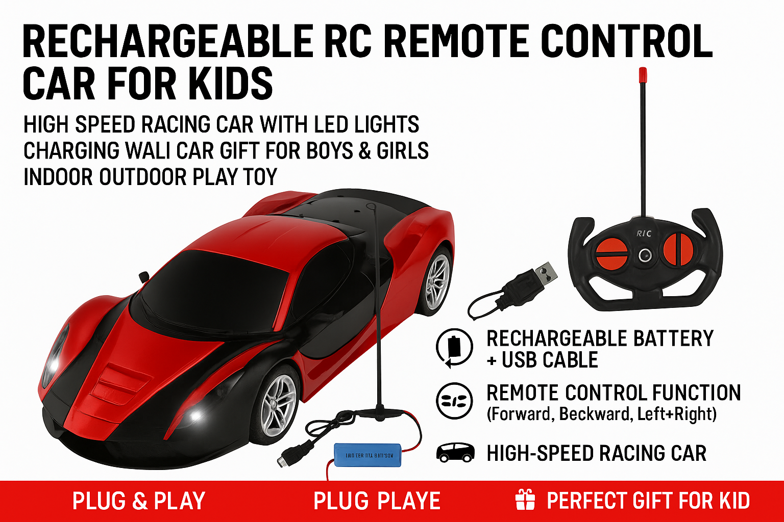 Rechargeable LED Light RC Racing Car with Remote Control for Kids | High Speed Sports Car Toy with Full Function Remote | USB Rechargeable Battery Indoor and Outdoor Racing Car | Best Birthday and Eid Gift for Boys and Girls Ages 3 to 12