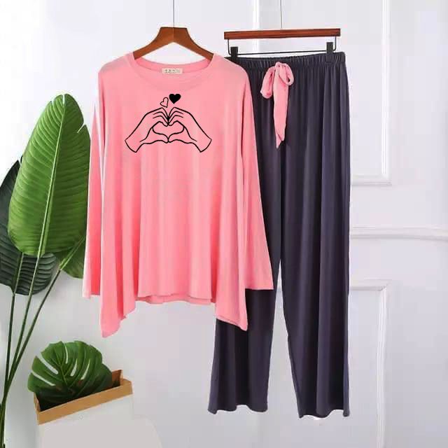 Heart Sign Comfy & Cozy 2 Pcs Lounge Wear & Nightwear Suit for Girls & Women | Premium Soft Cotton O-Neck Full Sleeves Shirt with Pajama Trouser Set | Casual Home Wear Night Dress - Yellow, Pink, Black Size, women Dress tees long T-shirt & Trouser