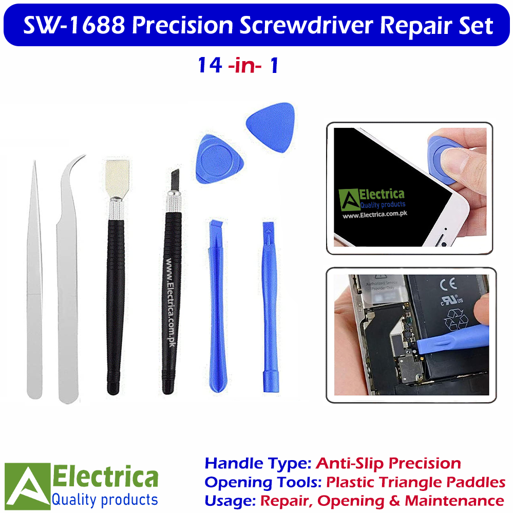SW-1688 14-in-1 Precision Screwdriver Repair Tool Kit | Professional Magnetic Screwdriver Set with Tweezers, Pry Tools & Opening Tools for Mobile, Laptop & Electronics by Electrica