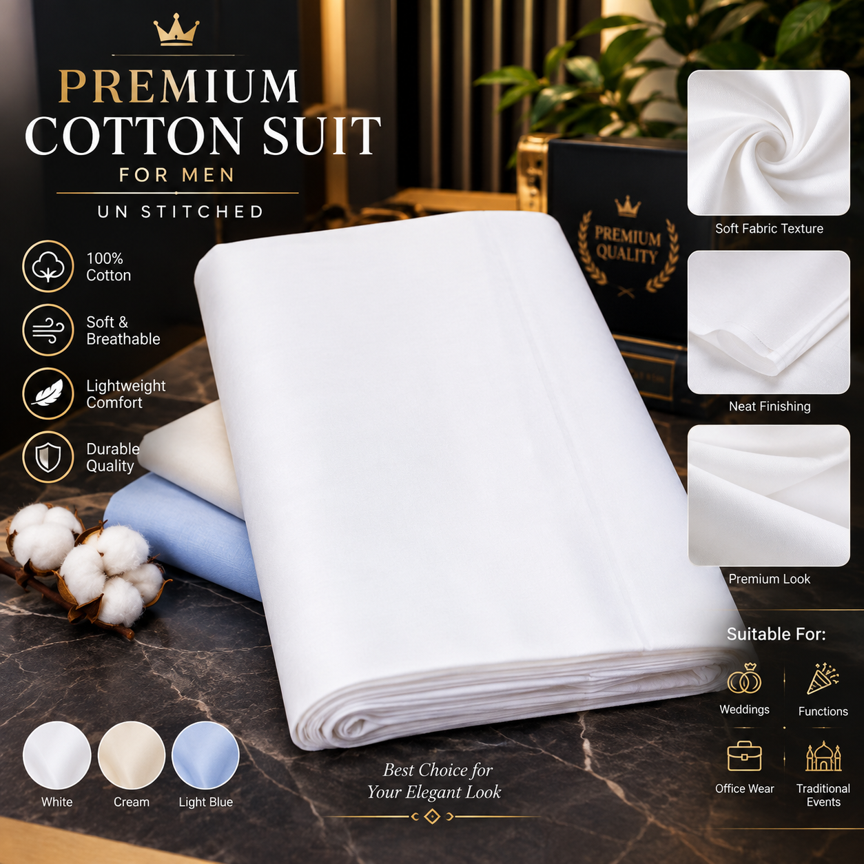 Premium Unstitched Cotton Suit for Men | Soft & Breathable Fabric | Elegant Shalwar Kameez | Special for Weddings & Functions