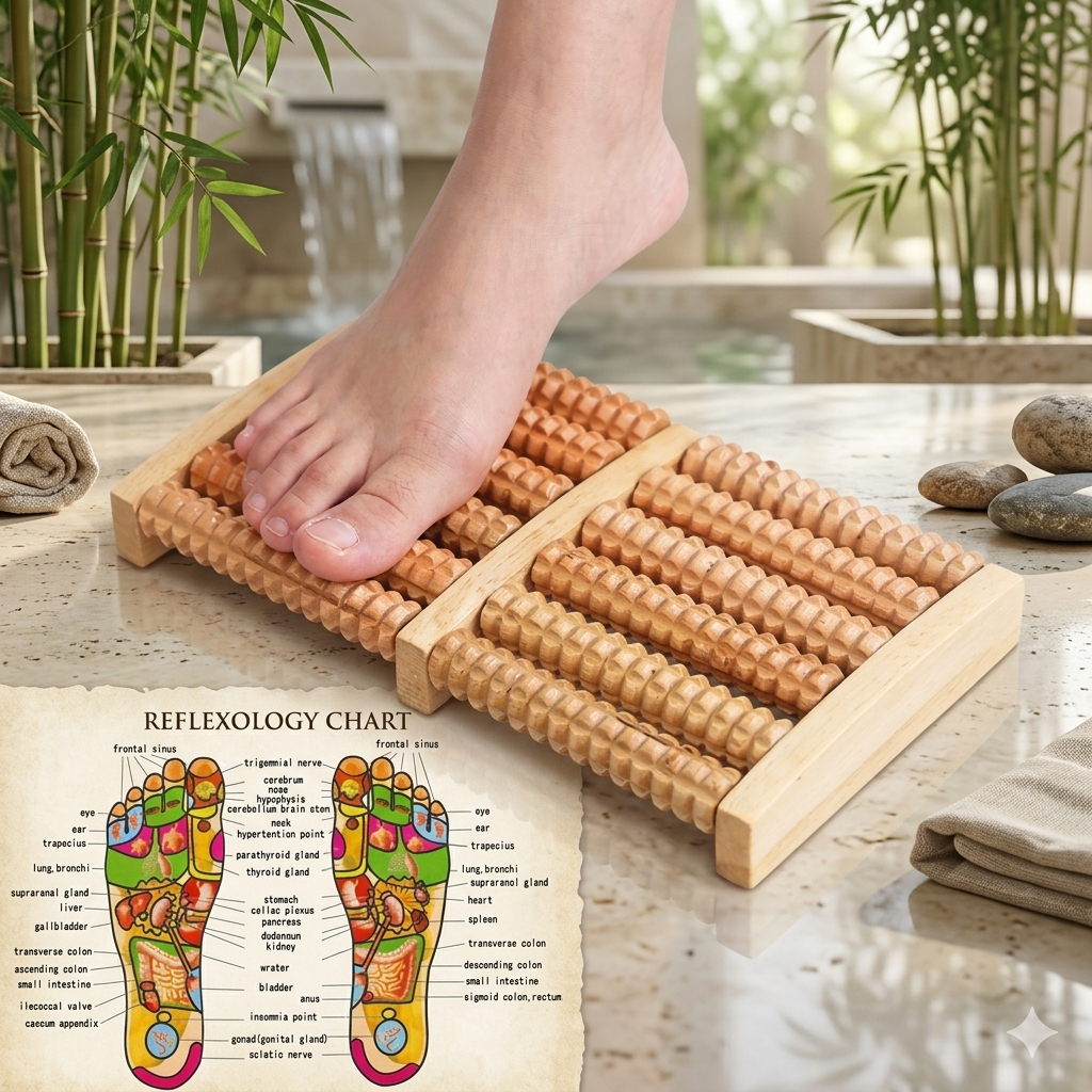 6 Row Wooden Foot Massager Roller  Reflexology Acupressure Foot Massage Tool  Foot Pain Relief  Blood Circulation  Stress Relief  Home Therapy