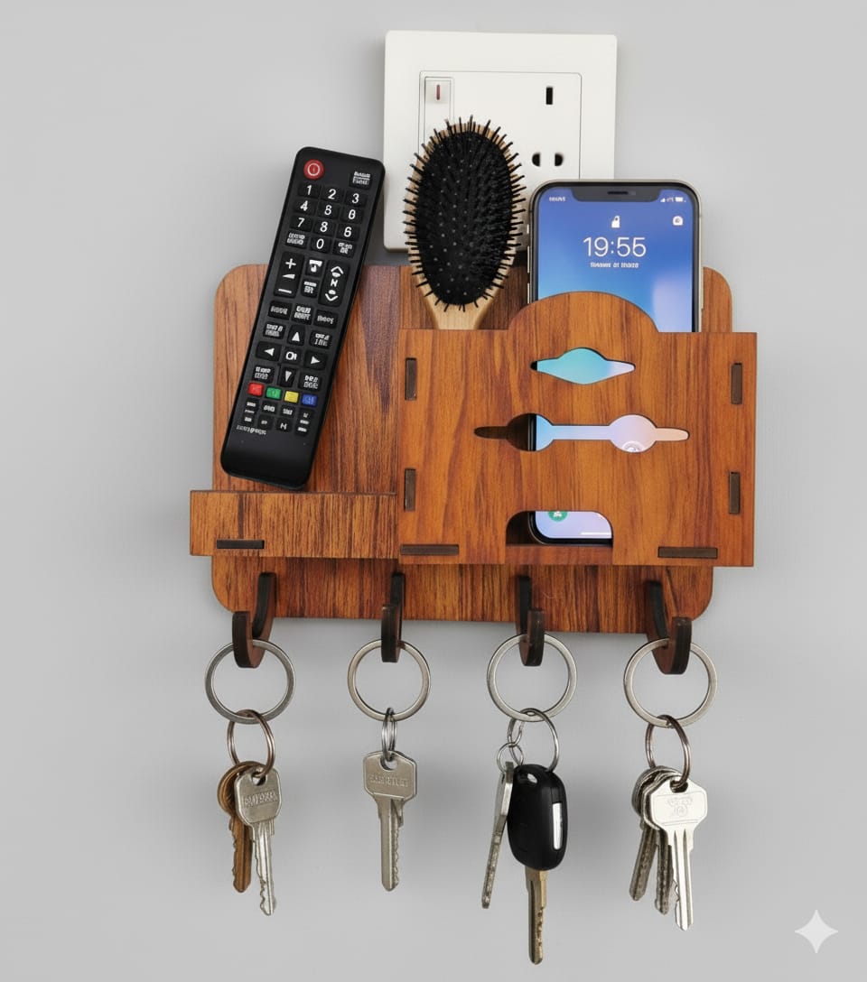 3D Home Decorative Wooden Organizer- 3D Wooden Phone Stand with Key Hooks - 3D Wooden Mobile Stand for 3 Phones - Wooden Holder for Phone, Keys, and Accessories - Wooden Organizer with 7 Steel hooks Tasbeeh Holder Remote Cover Rack Mobile Charger Holder