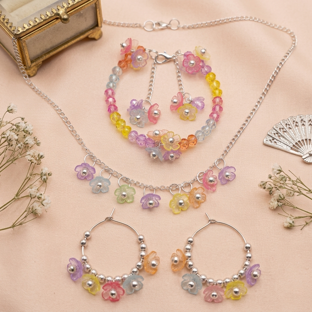 Pearl Beaded & Crystal Acrylic Flower Jewelry for Girls & Women – Necklace, Bracelet & Earrings Set | Korean Style Beads Necklace | Adjustable Bracelet | Hoop Bali Earrings | Party Wear, Wedding, Eid Gift