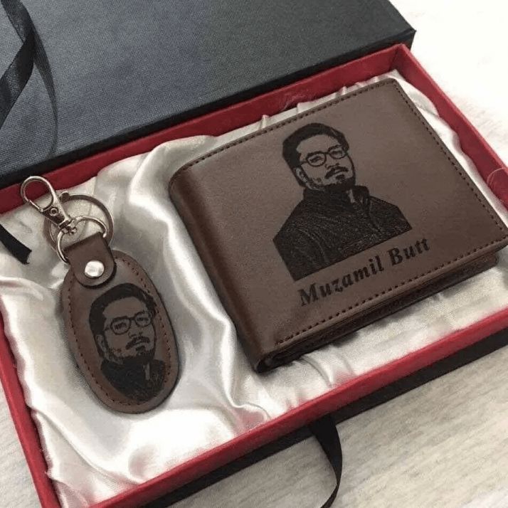 Customized Laser Sketch Photo & Name Printed Brown Men's Wallet & Keychain Gift Box Set - Personalized Picture Line-Art Engraved Wallet Combo Gift for Men