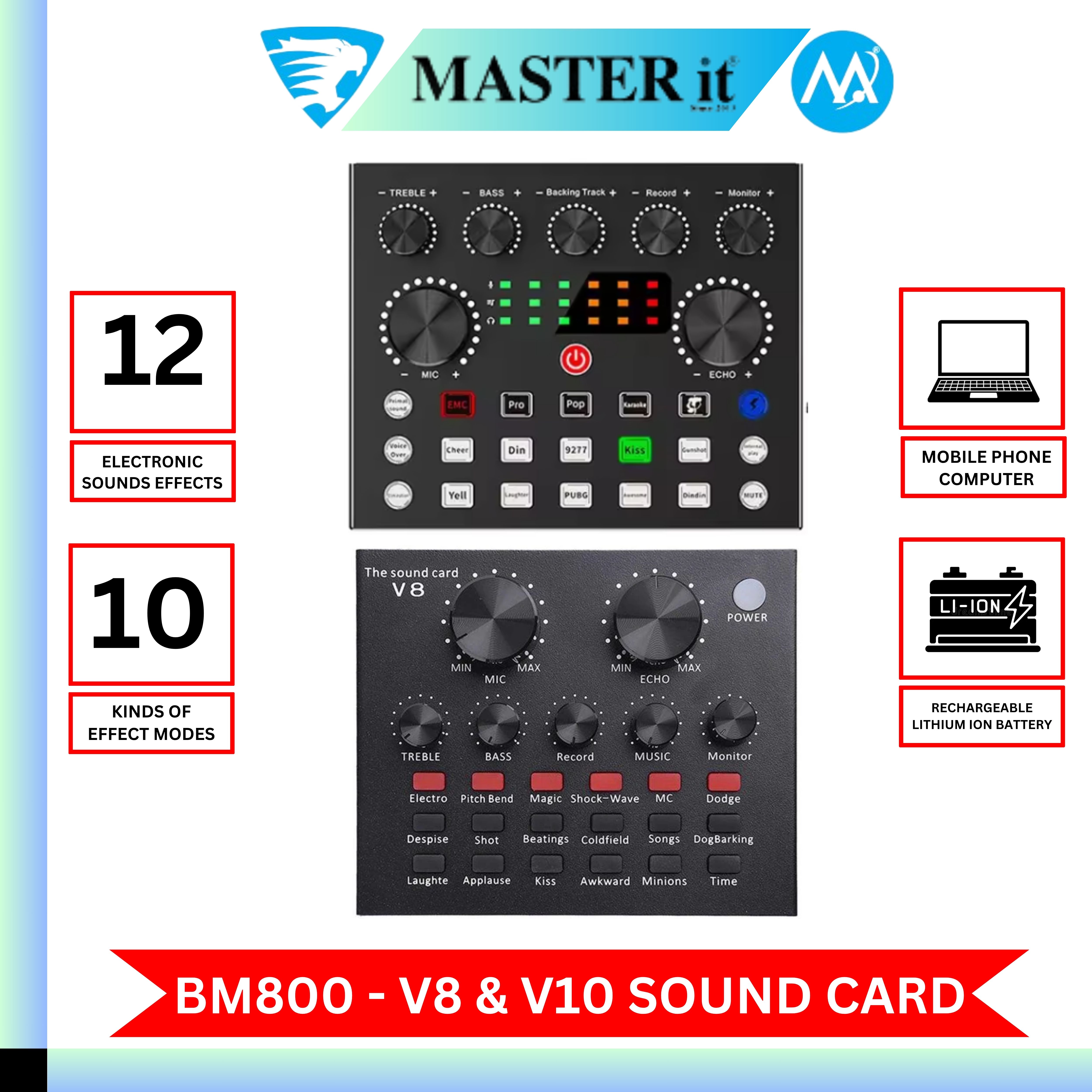 Mini V8 Sound Card & V10 Sound Card Bluetooth Audio Mixer & Voice Changer - 12 Sound Effects Lithium Rechargeable Battery - For Live Streaming & Broadcasting & Podcast - Compatible With PC Computer  - Black