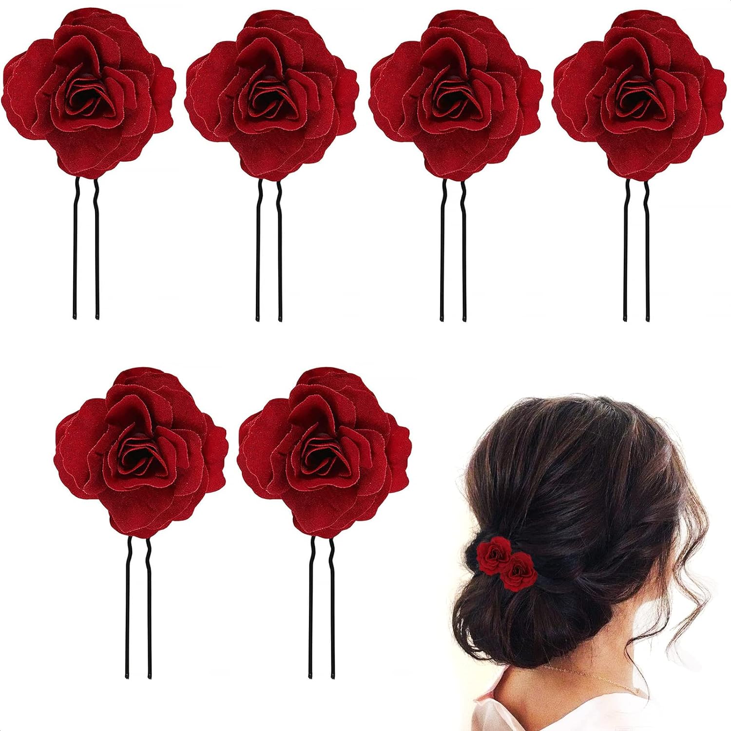 Red Rose Hair clip - Large Bobby Pins for Thick Hair Flower Pins Wedding Hair Accessories for Women - Rose Flower Hair Clips for Women's Hair Accessories Bridal Hair Pieces for Wedding