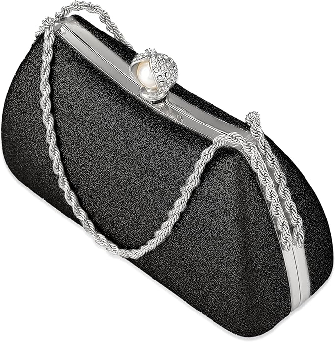 Glitter Evening Clutch Bag for Women – Fancy Bridal Purse with Pearl Clasp & Detachable Chain  Elegant Wedding & Party Handbag for Girls  Luxury Metal Frame Clutch