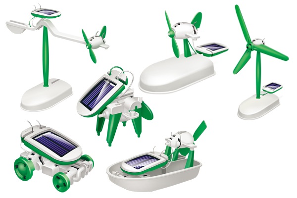 DIY - 6 in 1 Educational Solar Robot Building Kit - Car - Plane - Puppy - Fan - Boat - Windmill - White & Green Science Project
