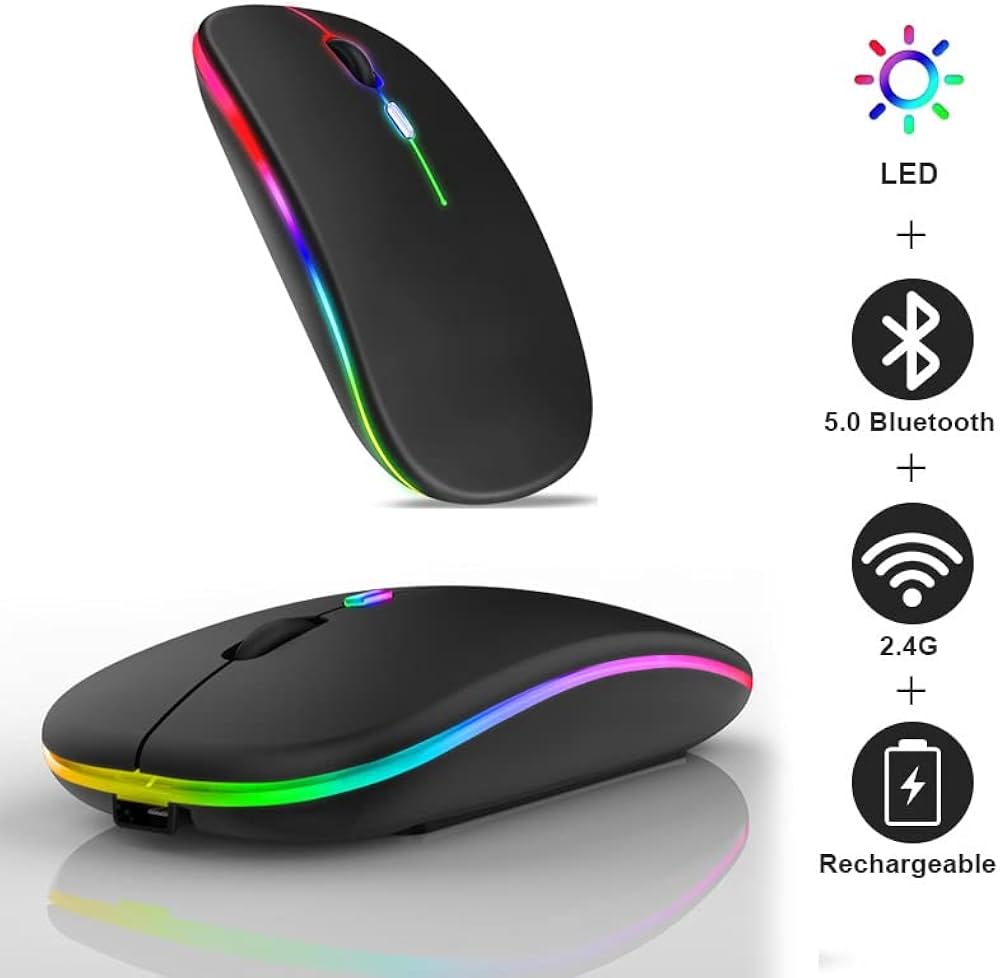 LED Wireless Mouse, Slim Rechargeable Silent Bluetooth Mouse, Portable USB Optical 2.4G Wireless Bluetooth Two Mode Computer Mice with USB Receiver and Type C Adapter (Black) price in Pakistan