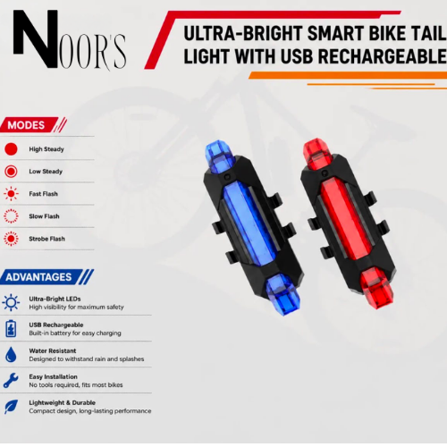Noor’s USB Rechargeable Bicycle Tail Light  Waterproof LED Bike Rear Safety Warning Light for Bicycle & Motorcycle Cycling Accessories