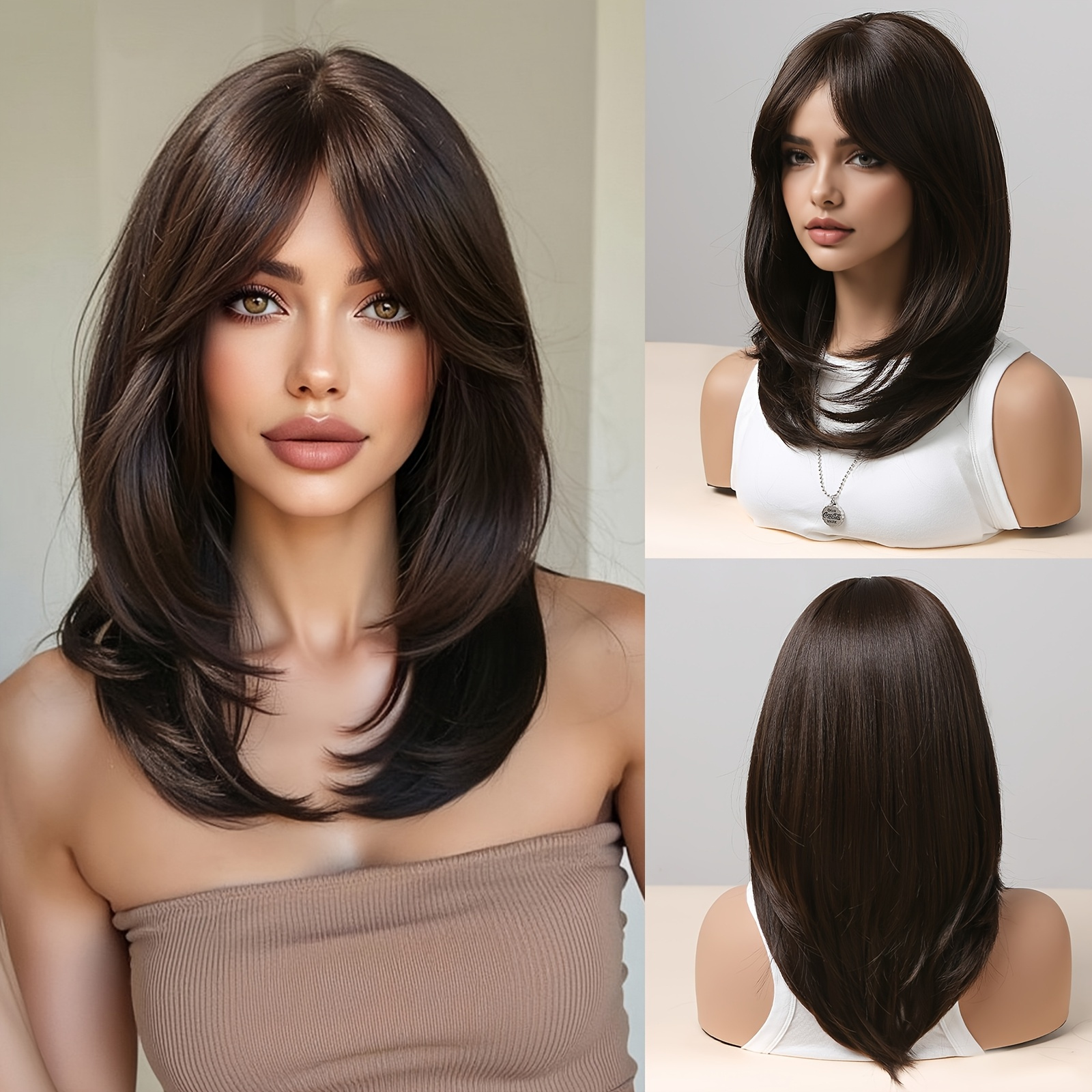Full Head Wig Extensions Short Hairstyle  – Hair Extension For Girls, Layered Wig with Bangs, Soft Synthetic Hair for Everyday Wear, Work, and Holidays