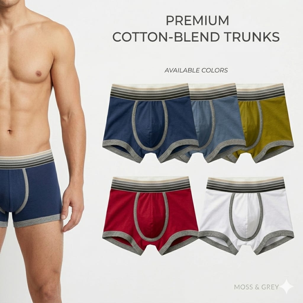 Premium Cotton-Blend Men’s Trunks Boxer Underwear| Ultra-Soft Breathable Cotton Trunks with Contrast Piping & Striped Waistband