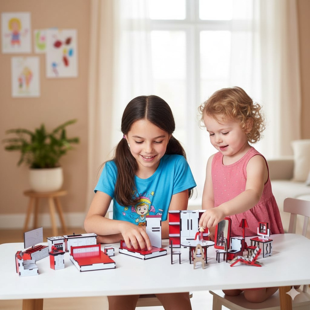 Kids' Playtime Doll house Furniture Set - 24-Piece Wooden Miniature Kitchen & Dining Room with Accessories, Unisex, 3-7 Years
