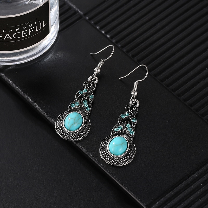 3PCS Vintage Turquoise Jewelry Set | Blue Crystal Pendant Necklace & Earrings for Men Women | Antique Silver Lantern Chain | Gift Jewelry | Daraz Pakistan