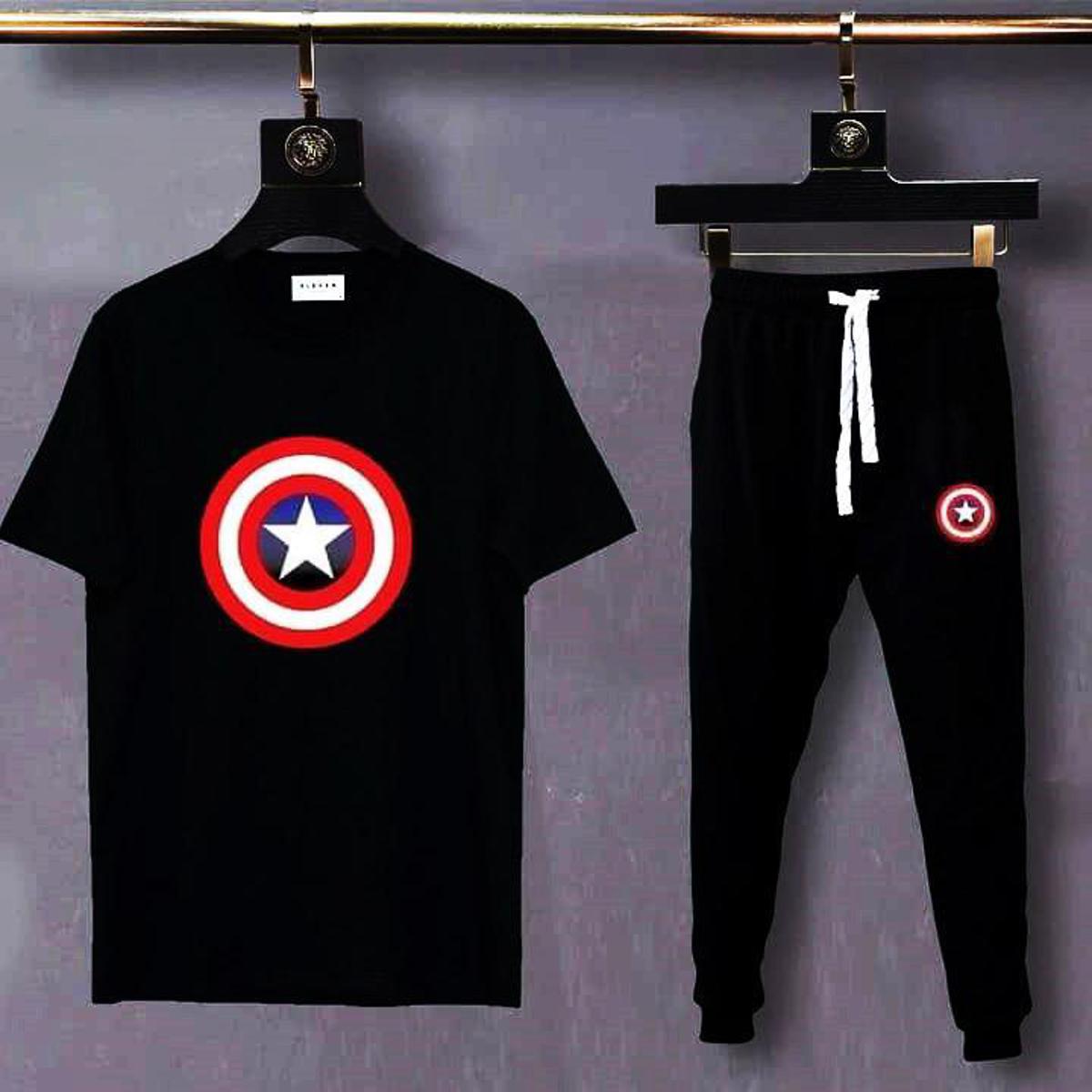 CAPTAIN AMERICA DESIGN TAG PRINT Tracksuit Tee-shirt with trousers New Design printed Round Neck Half Sleeves T Shirts Top Quality Gym wear/Casual and comfortable Pair Shirt and Trouser tshirt for boys/men